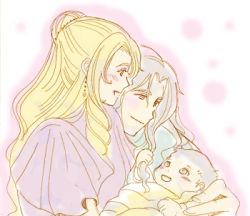 1990s_(style) 1girl 2boys baby blonde_hair blush cecil_harvey ceodore_harvey family final_fantasy final_fantasy_iv husband_and_wife long_hair lowres multiple_boys na_(pixiv913562) robe rosa_farrell short_hair silver_hair