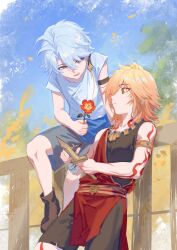 2boys absurdres aged_down ancient_greek_clothes antenna_hair arm_strap arm_tattoo armlet artist_name black_shirt black_shoes black_shorts blonde_hair blue_flower blue_shirt blue_sky chiton commentary english_commentary flower gold_necklace gradient_hair grass greco-roman_clothes highres holding holding_flower honkai:_star_rail honkai_(series) jewelry looking_at_another male_focus medium_hair multicolored_hair multiple_boys mydei_(honkai:_star_rail) necklace nlllllllll0216 open_mouth outdoors parted_bangs phainon_(honkai:_star_rail) red_flower red_hair red_tattoo shirt shoes short_hair shorts sky sleeveless sleeveless_shirt tattoo teeth two-tone_shirt white_hair white_shirt