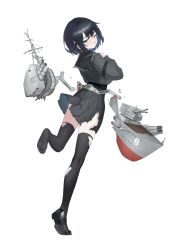 Rule 34 | 1girl, absurdres, black hair, black shoes, black thighhighs, cannon, crop top, damaged, feet, full body, hair behind ear, highres, jerry wang, loafers, long sleeves, looking at viewer, machinery, mast, mecha musume, medium hair, one eye closed, open mouth, original, pleated skirt, purple eyes, rigging, sailor collar, school uniform, serafuku, ship turret, shirt, shoes, short hair, simple background, single shoe, skindentation, skirt, soles, solo, standing, standing on one leg, tachi-e, thighhighs, toes, torn clothes, torn shirt, torn skirt, torn thighhighs, torpedo launcher, torpedo tubes, warship girls r, white background, zettai ryouiki