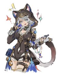 1girl animal_ears black_gloves black_leotard blue_eyes breasts buzhidaojiaoshenmekoua cat_ears cat_girl cat_tail cipher_(honkai:_star_rail) coin cropped_legs fingerless_gloves gloves grey_hair highres holding holding_coin holding_scroll honkai:_star_rail honkai_(series) leotard medium_breasts mole mole_on_breast scroll short_hair_with_long_locks simple_background solo tail white_background