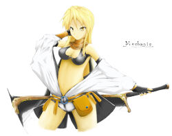1girl axe bikini bikini_top_only black_bikini black_gloves blonde_hair breasts chain chain_necklace character_name cleavage closed_mouth commentary_request cowboy_shot elbow_gloves fingerless_gloves gloves holding holding_axe jewelry jumpsuit jumpsuit_around_waist looking_at_viewer maimu-noize mechanic_(ragnarok_online) medium_breasts navel necklace o-ring o-ring_top pouch ragnarok_online simple_background solo swimsuit v-shaped_eyebrows white_background white_jumpsuit yellow_eyes