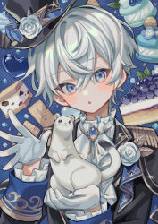 Rule 34 | 1boy, :o, absurdres, animal, ascot, black hat, black jacket, blue background, blue eyes, blue ribbon, blush, cake, cake slice, commentary request, cookie, cupcake, flower, food, gloves, grey hair, hand up, hat, hat flower, hat ribbon, highres, holding, holding animal, jacket, jewelry, long sleeves, looking at viewer, macaron, male focus, open mouth, original, pendant, ribbon, short hair, solo, suzaku (zaku6584), sweets, top hat, upper body, weasel, white ascot, white gloves