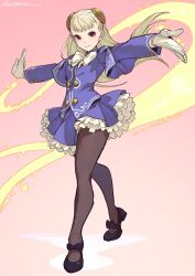1girl absurdres black_shoes breasts brown_pantyhose capcom_fighting_jam frilled_skirt frills gloves hairpods highres ingrid_(capcom) kotatsu_(g-rough) long_hair mary_janes miniskirt pantyhose purple_skirt red_eyes shoes skirt solo white_gloves white_hair