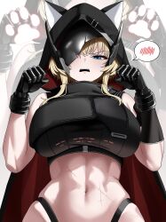 Rule 34 | 1girl, abs, absurdres, animal ears, animal hood, black cloak, black gloves, blonde hair, blue eyes, breasts, broken mask, cat ears, cat hood, cloak, embarrassed, gloves, goddess of victory: nikke, grave (nikke), highleg, highleg panties, highres, hood, hooded cloak, large breasts, looking at viewer, mask, metal gloves, midriff, multiple scars, muscular, muscular female, navel, panties, paw pose, scar, scar on stomach, solo, spoken blush, tewaki, underwear, upper body