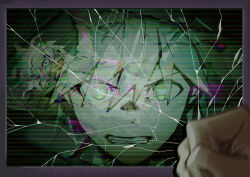 2boys blood clenched_hand clenched_teeth danganronpa:_trigger_happy_havoc danganronpa_(series) danganronpa_2:_goodbye_despair hair_between_eyes hand_up highres komaeda_nagito multiple_boys naegi_makoto open_mouth pink_blood reflection short_hair sora_(11451) spiked_hair spoilers teeth