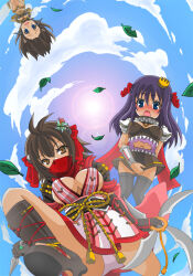 Rule 34 | 3girls, antenna hair, armor, bikini, bikini armor, bikini top only, black gloves, black socks, black thighhighs, blue eyes, blue sky, blush, bow, breasts, brown bikini, brown hair, brown skirt, closed mouth, cloud, commentary request, crown, falling, full body, genetic (ragnarok online), gloves, guillotine cross (ragnarok online), hair bow, japanese clothes, kimono, large breasts, long hair, looking at viewer, mask, medium breasts, mini crown, miniskirt, monou0135, mouth mask, multiple girls, ninja mask, oboro (ragnarok online), open mouth, panties, pauldrons, pink panties, pinwheel hair ornament, ragnarok online, red bow, red scarf, scarf, shin guards, short kimono, shoulder armor, skirt, sky, smile, socks, sun, swimsuit, thighhighs, underwear, white kimono, yin yang hair ornament
