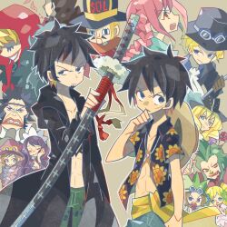 Rule 34 | baby 5, black coat, black hair, blonde hair, cavendish (one piece), coat, commentary request, donquixote rocinante, earrings, facial hair, father and daughter, floral print, gloves, goatee, goggles, goggles on headwear, green hair, hat, hat feather, highres, holding, holding sword, holding weapon, hood, jewelry, koala (one piece), kyros (one piece), leo (one piece), looking at viewer, makeup, mansherry, monkey d. luffy, noise pp, one piece, profile, rebecca (one piece), sabo (one piece), sai (one piece), sash, scar, scar on face, scarf, short hair, sideburns, sidelocks, simple background, straw hat, sunflower print, sword, thunder soldier, trafalgar law, viola (one piece), weapon, yellow sash