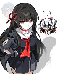 3girls arm_cutout black_choker black_shirt bright_pupils character_request chaum chisa_(wuthering_waves) choker hair_ribbon highres mole mole_under_eye multiple_girls neckerchief red_neckerchief red_ribbon ribbon sailor_collar shirt tacet_mark_(wuthering_waves) white_pupils white_sailor_collar wuthering_waves