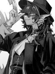 1boy arknights arm_up closed_mouth commentary_request fang furry furry_male gloves greyscale hat hatching_(texture) highres jacket lee_(arknights) linear_hatching long_sleeves maki_keigo male_focus medium_hair monochrome profile round_eyewear simple_background skin_fang smile solo upper_body white_background