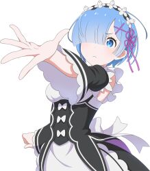 1girl apron black_sleeves blue_eyes blue_hair bob_cut breasts closed_mouth detached_sleeves hair_ornament hair_over_one_eye hair_ribbon long_sleeves looking_at_viewer maid maid_headdress medium_breasts official_art outstretched_arm outstretched_hand pink_ribbon re:zero_kara_hajimeru_isekai_seikatsu re:zero_kara_hajimeru_isekai_seikatsu_witch&#039;s_re:surrection rem_(re:zero) ribbon roswaal_mansion_maid_uniform short_hair simple_background solo transparent_background waist_apron white_apron x_hair_ornament