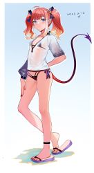 1girl bare_arms bare_legs bare_shoulders bikini bikini_under_clothes black_bikini blue_eyes blush breasts closed_mouth collarbone commentary_request demon_girl demon_tail flip-flops full_body hair_ornament hand_on_own_knee highres long_hair long_sleeves looking_at_viewer micro_bikini navel orange_hair original pointy_ears sandals see-through_clothes shirt short_sleeves side-tie_bikini_bottom small_breasts solo standing string_bikini swimsuit tail twintails wangqi white_shirt