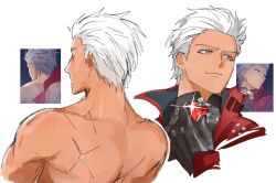 1boy archer_(fate) archer_(honkai:_star_rail)_(fate) back collar crossover dark-skinned_male dark_skin fate/stay_night fate/unlimited_blade_works fate_(series) highres honkai:_star_rail honkai_(series) male_focus rynnonk scar simple_background spiked_hair white_hair