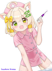 1boy ahoge animal_ears artist_name blonde_hair blush bow buttons cat_boy cat_ears cat_tail crossdressing dress fang fish_hair_ornament green_eyes hair_bow hair_ornament hair_tubes hairclip hat hazakura_hinata heterochromia highres holding holding_syringe kaya_(hazakura_hinata) looking_at_viewer male_focus medium_hair nurse nurse_cap open_mouth original pink_dress short_dress short_sleeves signature simple_background solo syringe tail textless_version thighhighs trap white_background white_thighhighs yellow_bow yellow_eyes