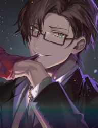 1boy biting brown_hair formal_clothes glasses gloves green_eyes hypnosis_mic iruma_jyuto suit