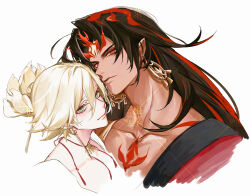 2boys absurdres asura_(onmyoji) bishounen black_hair blonde_hair chest_tattoo closed_mouth collarbone commentary commentary_request cropped_shoulders crossdressing earrings eyeliner facial_mark green_eyes highres jewelry konsai_2 long_hair looking_at_viewer makeup male_focus multicolored_hair multiple_boys onmyoji pectorals red_eyeliner red_hair red_tattoo short_hair simple_background streaked_hair taishakuten_(onmyoji) tattoo trap two-tone_hair upper_body white_background