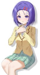 1girl absurdres blazer blush commentary green_skirt hair_ornament hairclip highres holding_own_arm jacket jei_(user_tckk7448) long_sleeves looking_at_viewer plaid_clothes plaid_skirt pleated_skirt purple_eyes purple_hair sainan_high_school_uniform sairenji_haruna school_uniform shirt short_hair simple_background sitting skirt solo to_love-ru white_background white_shirt yellow_jacket
