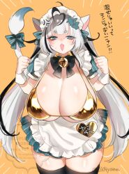 0304yama 1girl animal_ears antenna_hair apron aqua_skirt bell bikini black_bow black_bowtie black_thighhighs blue_eyes blunt_bangs blush bow bowtie breasts cat_ears cat_tail cleavage commentary_request frilled_apron frills gold_bikini hair_ornament hands_up huge_breasts jingle_bell long_hair looking_at_viewer maid_headdress open_mouth original short_sleeves simple_background skirt solo sweat swimsuit tail thick_eyebrows thick_thighs thighhighs thighs twitter_username waist_apron watermark white_apron white_hair white_headdress wrist_cuffs yellow_background