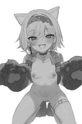 1girl absurdres animal_ears animal_hands black_survival blush breasts cat_ears choker eternal_return:_black_survival fang gloves greyscale hair_between_eyes hairband hands_up highres irem_(black_survival) kneeling long_hair looking_at_viewer monochrome navel nipples nude open_mouth paw_gloves small_breasts smile solo stomach thigh_strap yep_(37004185)
