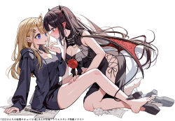2girls bare_legs barefoot between_legs black_dress black_shirt black_shoes black_shorts blonde_hair blue_eyes blush breasts cleavage cleavage_cutout closed_mouth clothing_cutout commentary_request crumpled_paper demon_horns demon_tail demon_wings dress eguchi-san_chi_no_junjou_succubus eguchi_hibiki hand_on_another&#039;s_thigh highres horns kudo_eru long_hair looking_at_another multiple_girls open_mouth paper pointy_ears red_eyes shirt shoes shorts simple_background sleeveless sleeveless_dress sweat sweatdrop tail tail_around_another&#039;s_leg tail_wrap toes white_background wings yozaki_mia yuri