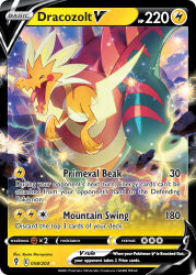 &gt;_&lt; animal_focus artist_name card_(medium) character_name closed_eyes company_name copyright_name copyright_notice debris dracozolt electricity english_text gen_8_pokemon murayama_ryota nintendo no_humans official_art open_mouth pokemon pokemon_(creature) pokemon_card pokemon_focus pokemon_tcg smile solo third-party_source tongue trading_card