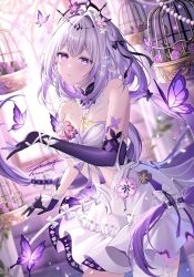 1girl artist_name asymmetrical_gloves bare_shoulders black_tiara breasts bug butterfly castorice_(honkai:_star_rail) commentary_request dress elbow_gloves flower flower_ornament gloves hair_flower hair_ornament highres honkai:_star_rail honkai_(series) insect long_hair medium_breasts parted_lips pink_flower pink_rose pointy_ears purple_butterfly purple_eyes purple_gloves purple_hair rose solo tiara tsumugi_(tsumugi_02230) twitter_username uneven_gloves white_dress