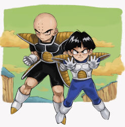 2boys bald bald_male black_eyes black_hair cloud cloudy_sky dragon_ball highres kuririn looking_at_viewer mountain multiple_boys muscular muscular_male saiyan_armor serious sky son_gohan