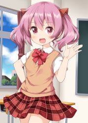 Rule 34 | 1girl, :d, \||/, blush, bow, bowtie, classroom, collared shirt, commentary request, cowboy shot, gabriel dropout, hand on own hip, hand up, highres, indoors, looking at viewer, open mouth, pink eyes, pink hair, plaid clothes, plaid skirt, red bow, red bowtie, red skirt, ruu (tksymkw), sakuraba kana, school uniform, shirt, short hair, short sleeves, skirt, smile, solo, sweater vest, tapris sugar step, twintails, waving, white shirt, window, yellow sweater vest