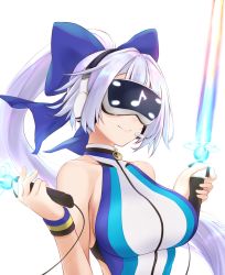 1girl blue_bow blue_one-piece_swimsuit bow breasts competition_swimsuit dual_wielding energy_sword fate/grand_order fate_(series) hair_between_eyes hair_bow head-mounted_display headset highres holding large_breasts long_hair one-piece_swimsuit ponytail silver_hair smile solo swimsuit sword tinted_eyewear tohoho_(hoshinoyami) tomoe_gozen_(fate) tomoe_gozen_(swimsuit_saber)_(fate) tomoe_gozen_(swimsuit_saber)_(first_ascension)_(fate) two-tone_swimsuit virtual_reality visor vr_visor weapon white_one-piece_swimsuit wristband