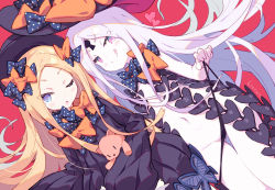 2girls :q ;o abigail_williams_(fate) abigail_williams_(third_ascension)_(fate) alternate_costume alternate_eye_color alternate_hair_color artist_name black_bow black_dress black_hat black_panties blonde_hair blue_eyes blush bow bug butterfly closed_mouth commentary_request corruption dark_persona dress dual_persona dutch_angle eldritch_abomination fate_(series) hands_in_opposite_sleeves hat hat_bow heart hugging_object insect keyhole lavinia_whateley_(fate) litsvn long_hair long_sleeves looking_at_viewer multiple_girls navel official_alternate_costume official_alternate_eye_color official_alternate_hair_color one_eye_closed orange_bow pale_skin panties panty_lift panty_pull parted_bangs parted_lips pink_eyes polka_dot polka_dot_bow possessed possession red_background revealing_clothes seductive_smile simple_background skull_print smile stuffed_animal stuffed_toy teddy_bear tongue tongue_out underwear v-shaped_eyebrows very_long_hair white_hair wink yog-sothoth