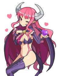 1girl bat_wings black_bow black_cloak black_sleeves black_tail blush boots bow breasts cloak commentary demon demon_girl demon_horns demon_tail demon_wings detached_sleeves disgaea english_commentary groin heart heart_print highres horns large_breasts long_hair looking_at_viewer navel necktie pink_eyes pink_hair pointy_ears purple_boots red_necktie revealing_clothes sidelocks simple_background smile solo suaman succubus_(disgaea) tail thigh_boots thighhighs white_background white_horns wings