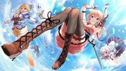 Rule 34 | 3girls, :o, armor, belt, blonde hair, blue sky, boots, braid, breasts, brown eyes, character request, cloud, cloudy sky, confetti, copyright request, corset, day, dress, feet, floating, floating hair, full body, gauntlets, gloves, green322, green eyes, highres, large breasts, light brown hair, long hair, looking down, medium breasts, multiple girls, purple eyes, skirt, sky, soles, staff, suspenders, sword, thighhighs, toeless legwear, toes, weapon, white hair