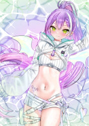 1girl :3 absurdres belt blush braid braided_bangs breasts chain chain_earrings chest_belt chrochlomyl cleavage closed_mouth colored_inner_hair commentary_request demon_girl demon_tail demon_wings double-parted_bangs ear_chain earrings green_eyes hair_between_eyes high_ponytail highres hip_tattoo hololive hooded_shrug jewelry linked_piercing long_hair long_sleeves looking_at_viewer lying multicolored_hair multiple_belts navel navel_piercing official_alternate_hairstyle on_back paid_reward_available partially_submerged piercing pink_hair pointy_ears ponytail pouch puffy_long_sleeves puffy_sleeves purple_hair see-through_clothes see-through_sleeves short_shorts shorts shrug_(clothing) small_breasts solo stomach strapless streaked_hair tail thigh_pouch thigh_strap tokoyami_towa tokoyami_towa_(cyberpunk) tube_top turtleneck very_long_hair virtual_youtuber water wet white_hair white_shorts white_shrug white_tube_top white_wings wings