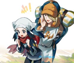 Rule 34 | 1boy, 1girl, :d, akari (pokemon), backpack, bag, belt, black hair, black pantyhose, black shirt, blonde hair, blue hat, brown belt, clenched hands, eyelashes, galaxy expedition team survey corps uniform, ginkgo guild uniform, grey eyes, grey jacket, grey skirt, hair over one eye, hands up, hat, headscarf, highres, jacket, long hair, multicolored hat, ninahachi, nintendo, open mouth, pantyhose, pokemon, pokemon legends: arceus, ponytail, red scarf, scarf, shirt, sidelocks, skirt, smile, tail, tongue, twitter username, two-tone headwear, volo (pokemon), white headscarf, yellow hat