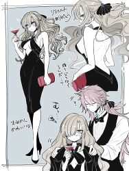 Rule 34 | 1boy, 1girl, absurdres, alternate costume, alternate hairstyle, asymmetrical sidelocks, backless dress, backless outfit, bag, bare shoulders, black bow, black bowtie, black coat, black dress, black footwear, black vest, blue background, blush, border, bow, bowtie, brown hair, closed eyes, closed mouth, coat, coat on shoulders, cocktail glass, collared shirt, criss-cross halter, cup, dress, drinking glass, facial scar, fate/grand order, fate (series), formal clothes, full body, genmai (crowcrowclown), glowing scar, grey eyes, hair between eyes, hair bow, hair over one eye, half updo, halter dress, halterneck, handbag, high heels, highres, holding, holding bag, holding cup, jewelry, kriemhild (fate), long hair, looking at viewer, low ponytail, martini, mole, mole under eye, multiple moles, multiple views, necklace, outside border, pink hair, ponytail, red nails, scar, scar on cheek, scar on face, scar on neck, shirt, shoes, siegfried (fate), simple background, sleeveless, sleeveless dress, squiggle, standing, traditional bowtie, translation request, vest, white border, white shirt, wing collar