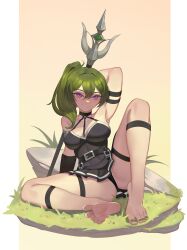 1girl absurdres arm_strap arm_support arm_up armpits bare_shoulders barefoot belt black_belt black_choker black_panties black_skirt blush breasts choker closed_mouth commentary double-parted_bangs feet full_body gradient_background green_eyes green_nails hair_between_eyes highres knee_up large_breasts legs looking_at_viewer nail_polish panties pleated_skirt ponytail purple_eyes roxy_thefoxy skirt smile soles solo sousou_no_frieren thigh_strap thighs toenail_polish toenails toes ubel_(sousou_no_frieren) underwear