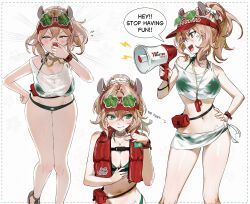 Rule 34 | 1girl, absurdres, anger vein, ani 019, animal ears, bikini, blonde hair, blowing whistle, breasts, cleavage, closed eyes, crop top, crossed bangs, double-parted bangs, english text, eyewear on head, green-tinted eyewear, green bikini, green eyes, hair between eyes, hair ornament, hair scrunchie, halterneck, hand on own hip, hat, highres, holding, holding megaphone, holding whistle, indie virtual youtuber, large breasts, life vest, lifeguard, megaphone, multiple views, navel, nimi nightmare, nimi nightmare (lifeguard), official alternate costume, official alternate hairstyle, open mouth, ponytail, red hat, red vest, sarong, scrunchie, see-through clothes, see-through sarong, see-through tank top, short hair, simple background, speech bubble, stomach, strap slip, sunglasses, swimsuit, tank top, tapir ears, tapir girl, teeth, tinted eyewear, upper teeth only, vest, virtual youtuber, visor cap, whistle, white background, white sarong, white tank top