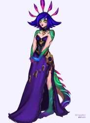 Rule 34 | 1girl, absurdres, artist name, bare arms, bare shoulders, barefoot, blue dress, blue hair, blue skin, breasts, colored skin, dress, flipped hair, full body, green skin, highres, kenapplepi, league of legends, long hair, neeko (league of legends), pink hair, purple skirt, reptile girl, skirt, slit pupils, small breasts, solo, standing, yellow eyes