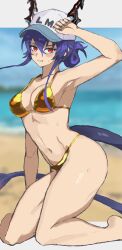 alternate_costume arknights arm_up armpits bare_arms baseball_cap bikini blurry blurry_background blush breasts ch&#039;en_(arknights) cleavage collarbone commentary_request day dragon_girl dragon_horns dragon_tail female_tourist_c_(arknights) gold_bikini hat highres horns horns_through_headwear light_blush medium_breasts mutumijoruri navel o-ring o-ring_bikini o-ring_top ocean outdoors parted_lips purple_hair red_eyes sidelocks stomach sweat swimsuit tail thighs