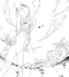1girl ball beach beachball blush braid greyscale hedgehog highres lineart long_hair maria_robotnik monochrome open_mouth palm_tree partially_underwater_shot shadow_the_hedgehog shyu_1014 sonic_(series) sunglasses swimsuit tree