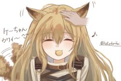 1girl ^_^ animal_ears arknights blonde_hair blush ceobe_(arknights) closed_eyes closed_mouth commentary disembodied_hand eighth_note facing_viewer food food_in_mouth hair_between_eyes hand_on_another&#039;s_head headpat kokodoriru long_hair motion_lines mouth_hold musical_note simple_background smile tail tail_wagging translated upper_body white_background