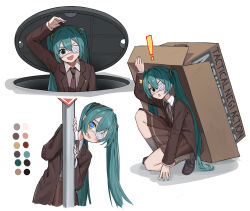! 1girl :d aqua_hair aqua_pupils arm_up bib_(bibboss39) black_eyes blue_eyes blush box bright_pupils brown_jacket brown_shirt brown_shoes brown_skirt chestnut_mouth collared_shirt color_guide commentary cropped_torso english_commentary english_text eyepatch full_body grey_socks hair_tie hatsune_miku heart heart-shaped_pupils highres jacket knee_up lapels loafers long_hair looking_at_viewer manhole_cover medical_eyepatch monitoring_(vocaloid) multicolored_eyes multiple_views notched_lapels on_one_knee one_eye_covered open_clothes open_jacket open_mouth road_sign shadow shirt shoes sign simple_background skirt smile socks stop_sign symbol-shaped_pupils twintails two-tone_eyes upper_body very_long_hair vocaloid white_background yellow_eyes