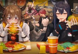 1boy 4girls animal_ears arknights arm_up bandeau bison_(arknights) black_bandeau black_dress black_gloves black_hair black_jacket black_shirt blonde_hair blush burger burger_malfunction cow_boy cow_ears cow_girl cow_horns croissant_(arknights) cup disposable_cup dress ear_piercing exusiai_(arknights) fighting fingerless_gloves food gloves green_eyes hair_between_eyes hair_over_one_eye halo highres holding holding_food horns id_card indoors jacket lettuce licking licking_finger multiple_girls necktie open_mouth orange_eyes penguin_logistics_(arknights) piercing potato_wedges red_eyes red_hair red_necktie senjou_no_pentsu shirt sora_(arknights) sweatdrop texas_(arknights) tomato twintails visor_cap white_gloves white_jacket wolf_ears wolf_girl
