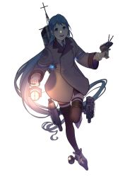 Rule 34 | 1girl, adapted turret, bad id, bad twitter id, black thighhighs, blue eyes, blue hair, blue neckerchief, cannon, coat, collared shirt, female focus, gloves, gradient hair, grey coat, highres, kantai collection, long hair, looking at viewer, machinery, multicolored hair, neckerchief, original remodel (kantai collection), samidare (kancolle), searchlight, ship turret, shirt, simple background, smile, smokestack, solo, swept bangs, thighhighs, torpedo launcher, uyama hajime, very long hair, white background, white gloves