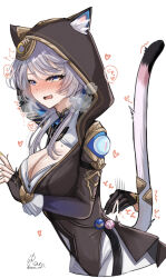 2girls animal_ears animal_hood artist_name black_gloves black_leotard blue_eyes blush breasts cat_ears cat_girl cat_hood cat_tail cipher_(honkai:_star_rail) cleavage commentary_request disembodied_hand fingerless_gloves from_side gloves grey_hair hand_on_another&#039;s_back heart heart-shaped_pupils highres honkai:_star_rail honkai_(series) hood hooded_leotard large_breasts leotard mole multiple_girls ranran_3939 short_hair_with_long_locks shorts simple_background speech_bubble stelle_(honkai:_star_rail) sweat symbol-shaped_pupils tail trailblazer_(honkai:_star_rail) translation_request twitter_username white_background white_shorts