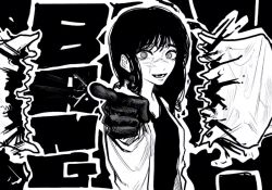 1girl chainsaw_man finger_gun greyscale jacket monochrome murder open_mouth ringed_eyes scar scar_on_face scar_on_nose shirt solo tinstop_88 yoru_(chainsaw_man)