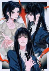 Rule 34 | 2girls, absurdres, aged down, black hair, black necktie, blazer, blue jacket, chinese commentary, collared shirt, commentary request, gil somyung, green eyes, grey jacket, grey shirt, hair behind ear, highres, jacket, like mother like daughter, long hair, medium hair, mother and daughter, multiple girls, necktie, partial commentary, school uniform, shirt, somyung&#039;s mother (like mother like daughter), white shirt, yumu (8181018)