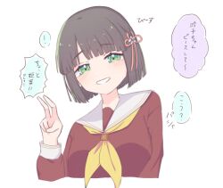 ! 1girl bent_v black_hair blunt_bangs blunt_ends breasts brown_dress commentary cropped_torso dress flower flower_knot green_eyes grin hair_flower hair_ornament hasu_no_sora_school_uniform link!_like!_love_live! long_sleeves looking_at_viewer love_live! medium_breasts momose_ginko neckerchief ozawasan0930 sailor_collar sailor_dress school_uniform short_hair simple_background smile solo speech_bubble spoken_exclamation_mark translation_request upper_body v virtual_youtuber white_background white_sailor_collar winter_uniform yellow_neckerchief