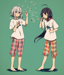 10s 2boys ahoge androgynous barefoot black_hair blush bone bubble blowing_bubbles catfish closed_eyes fish highres honebami_toushirou long_hair male_focus matsuki_(mikipingpong) multiple_boys namazuo_toushirou name_connection object_namesake ponytail purple_eyes simple_background touken_ranbu very_long_hair white_hair