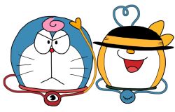 Rule 34 | black hat, bow, closed mouth, commentary request, doraemon, doraemon (character), frown, hat, hat bow, hat over eyes, heart, heart of string, komeiji koishi, komeiji satori, looking at viewer, no humans, onikobe rin, open mouth, simple background, smile, third eye, touhou, white background, yellow bow