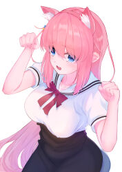1girl absurdres alternate_costume animal_ear_hairband animal_ears black_pants blue_eyes bocchi_the_rock! bow bowtie breasts clenched_hands collarbone commentary_request cowboy_shot cube_hair_ornament eyes_visible_through_hair fake_animal_ears gotoh_hitori hair_ornament hair_over_eyes hairband hands_up high-waist_pants highres large_breasts light_blush long_bangs long_hair looking_at_viewer open_mouth oscar_(4668) pants paw_pose pink_hair pink_hairband raised_inner_eyebrows red_bow red_bowtie sailor_collar school_uniform serafuku shirt short_sleeves simple_background sitting solo very_long_hair wavy_hair white_background white_sailor_collar white_shirt
